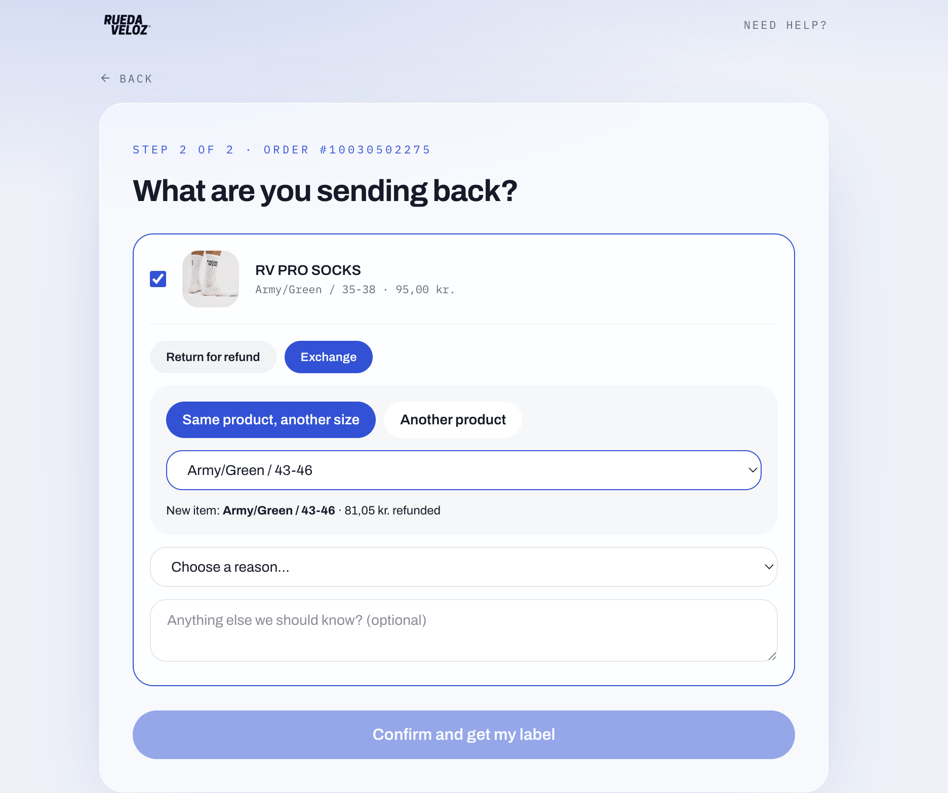 Bytteflow — skift til anden størrelse eller produkt, prisforskel håndteres