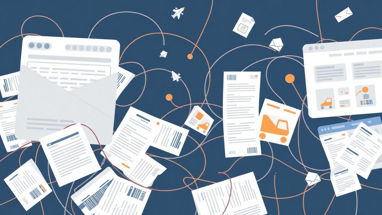 Illustration af spredte mails, regneark og printede fragtlabels, der symboliserer manuel returhåndtering
